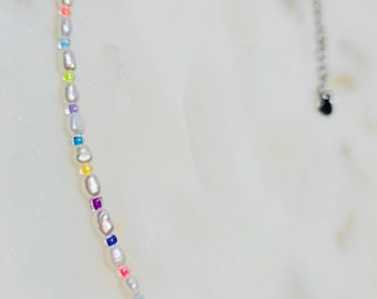 Cloud Nine Prism™ | Handmade Beaded Choker Necklace | Freshwater Pearls | Neon Czech Seed Beads | Rainbow Jewelry | Dainty Choker | Summer