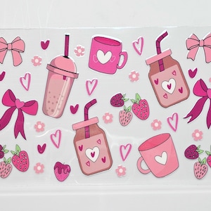 Bulk 3 Girly Pink Coffee, Drinks, Jordgubbar, Rosetter Cafe Bakery UVDTF 16 Oz Cup Tumbler Wrap