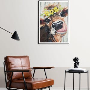 Framed Cow Dimond Painting/Finished Sparking Farm Animal Art Decor/Rustic Frame