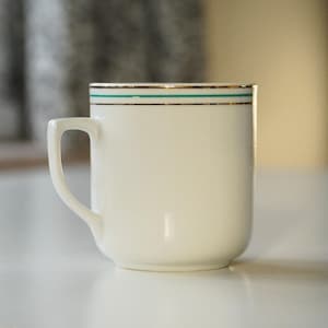Vintage Czechoslovakian Mug, Porcelain Factory Lubenec, Green and Gold Lines, 1950s