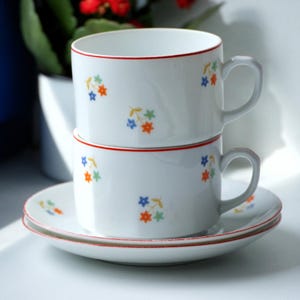 2 Vintage Czechoslovakian Mugs with Saucers, Old Cupes with Floral Motif