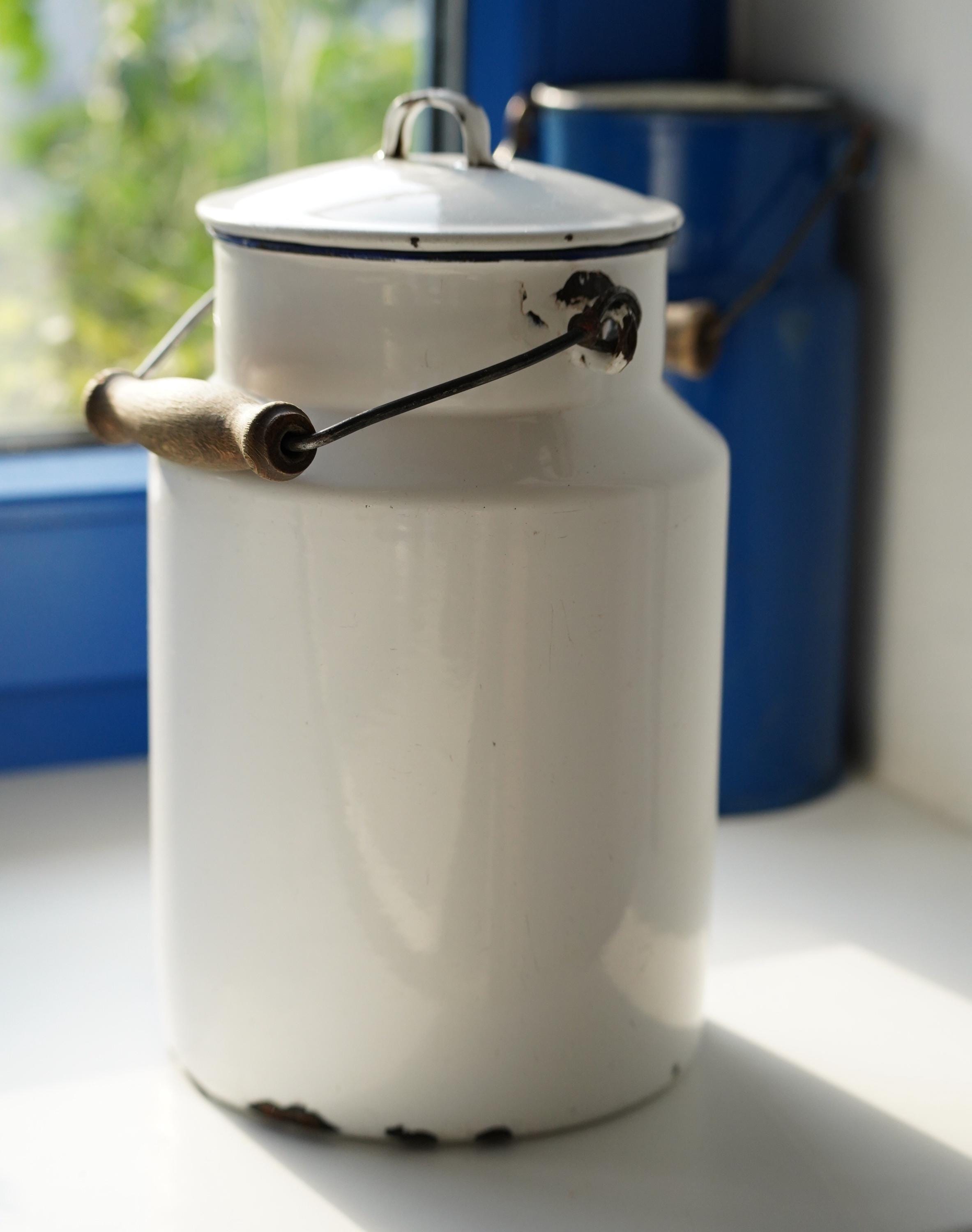 Old Enamel Milk Jug, Vintage White Enamelled Metal Can - Etsy UK