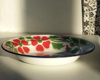 May include: White enamelware plate with a floral design. The plate features red flowers with green leaves and a blue rim. The plate is round and sits on a white surface. The plate is a vintage style.