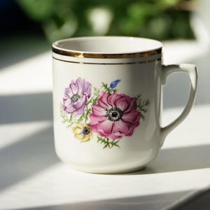 Beautiful Vintage Czechoslovakian Mug with Flowers, Porcelain Factory Lubenec