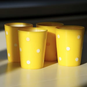 Puede incluir: Cuatro vasos amarillos con lunares blancos. Los vasos son cilíndricos y tienen un acabado liso y brillante. Los vasos están dispuestos muy juntos, con la luz creando sombras.