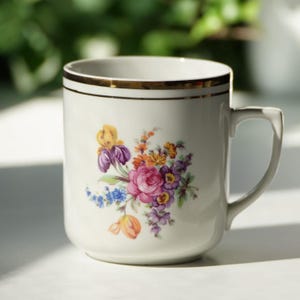Beautiful Vintage Czechoslovakian Mug with Flowers, Porcelain Factory Lubenec