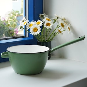 May include: A sage green enamel saucepan with a white interior, a long handle, and a small side loop handle. The pot features a black rim around the top edge and is positioned in front of a dark vase filled with white daisies with yellow centres.