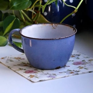 Puede incluir: Una taza de esmalte azul con interior blanco y borde oxidado. La taza está sobre un posavasos con estampado floral.