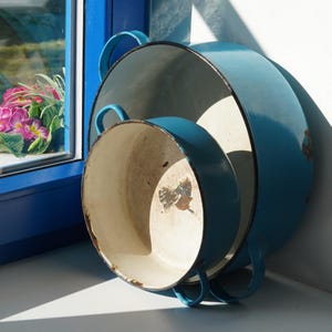 Vintage Enamel Pots with Handles, Old Enamelware from Czechoslovakia 1930s