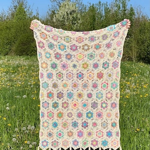 Op de afbeelding: Een gehaakt deken met een bloemenpatroon in tinten roze, paars, groen en blauw. Het deken heeft een franje rand en wordt omhoog gehouden in een veld van groen gras en gele bloemen.