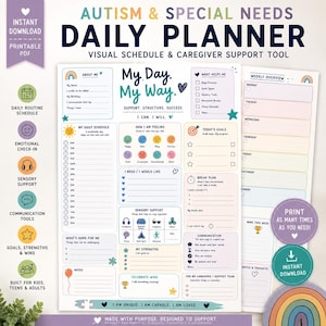 Può includere: Un pianificatore giornaliero PDF stampabile per autismo e bisogni speciali. Il pianificatore include sezioni per le routine quotidiane, i controlli emotivi, il supporto sensoriale, gli strumenti di comunicazione, gli obiettivi e i successi.