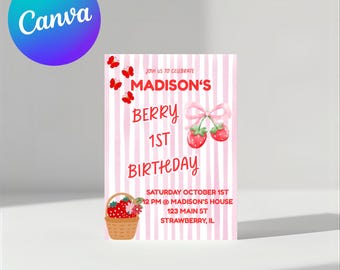 Berry First Birthday,Berry Sweet, First Birthday, Editable 5x7 Canva Template, Digital, Invitation