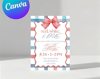 Puede incluir: Una invitación a un baby shower con un tema rojo, blanco y azul. La invitación presenta un lazo rojo, un borde festoneado y el texto "red, white, & DUE" y "Allie Cruze". El fondo tiene un patrón de cuadros.