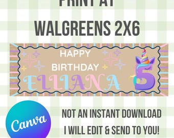 Custom Banner Template, Walgreens , 2x6, Printable Banner, Unicorn, Birthday, Unicorn Theme, Mystical
