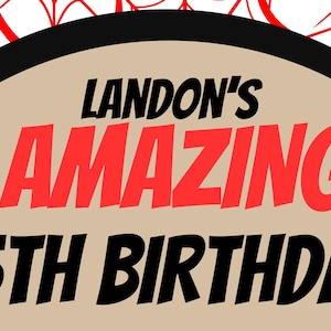 Peut inclure: Banni&egrave;re d'anniversaire sur le th&egrave;me des araign&eacute;es, avec un motif de toile d'araign&eacute;e rouge et blanche. Le texte "Landon's AMAZING 5th BIRTHDAY" est en rouge et noir, avec une araign&eacute;e. Parfait pour une f&ecirc;te d'anniversaire d'enfant.