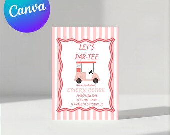 Plantilla editable de Canva de 5x7, digital, invitación, Let’s ParTee, primer cumpleaños, temática de golf, niña