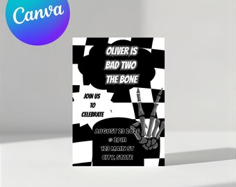Invitación de cumpleaños número 2 de Bad Two The Bone, Invitación de cumpleaños de Bad Two The Bone, Plantilla editable de Canva de 5x7, Digital, Invitación