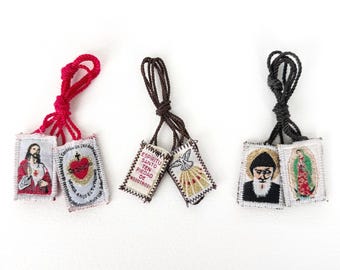 Escapularios Católicos / Juego de 3 / Nuestra Señora de Guadalupe / San Chárbel / Espíritu Santo / Sagrado Corazón de Jesús