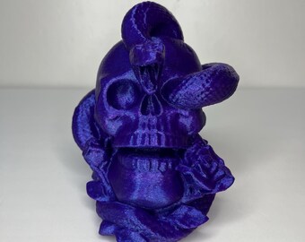 Snake & Rose Skull Statue | Gothic 3D Printed Skull with Snake | Spooky Home Décor | Dark Academia Shelf Art | 4 Inch