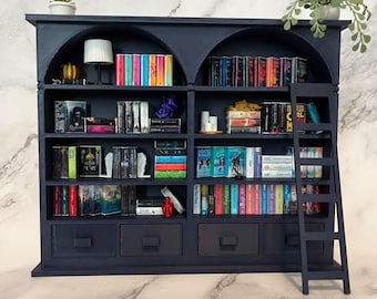 Estantería en miniatura con escalera y cajones, estantería arqueada para casa de muñecas, mini librería