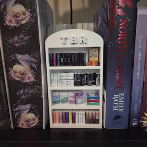 May include: A white miniature bookshelf labeled "TBR" filled with small books. The bookshelf is flanked by larger books with skull and floral designs and titles like "Onyx Storm" and "North of the Night."