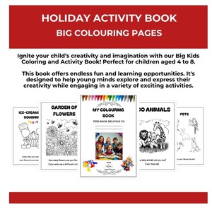 Könnte beinhalten: Ein farbenfrohes Aktivitätsbuch mit großen Malvorlagen für Kinder. Das Buch bietet eine Vielzahl von Themen, darunter Eiscreme, Blumen, Tiere und Haustiere. Das Cover des Buches trägt den Titel "Holiday Activity Book" und "Big Coloring Pages".