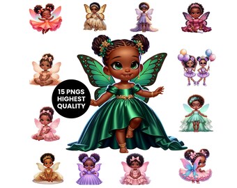 Black Baby Fairy Clipart Bundle | African American Princess PNG | Baby Shower Gift