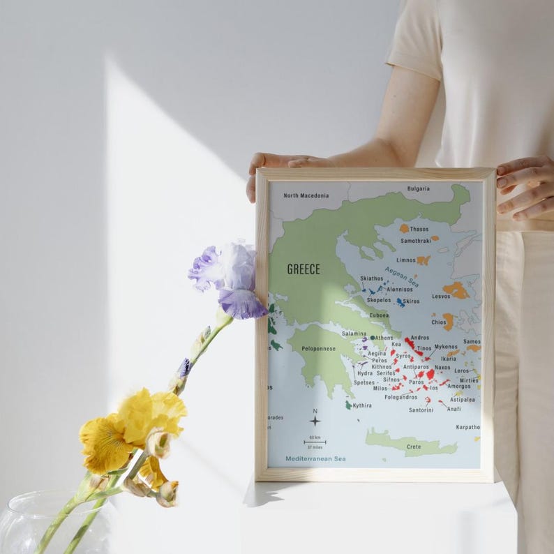 Carte des îles grecques imprimable - téléchargement numérique de l'archipel de la Grèce - art mural mer Égée - affiche de carte des Cyclades Dodécanèse - décoration de voyage image 4