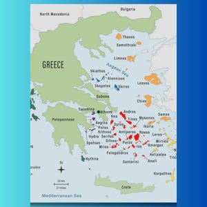 Carte des îles grecques imprimable - téléchargement numérique de l'archipel de la Grèce - art mural mer Égée - affiche de carte des Cyclades Dodécanèse - décoration de voyage image 2