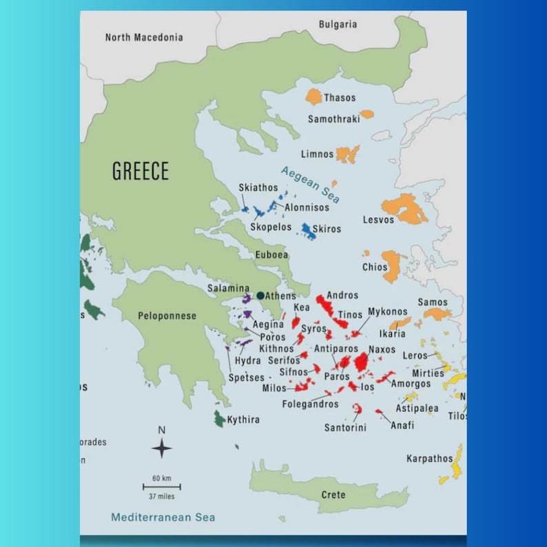 Carte des îles grecques imprimable - téléchargement numérique de l'archipel de la Grèce - art mural mer Égée - affiche de carte des Cyclades Dodécanèse - décoration de voyage image 2