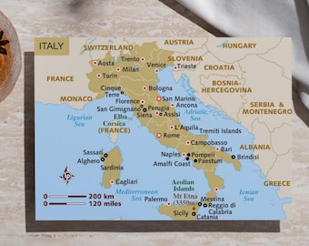 Carte de l'Italie et des îles imprimable - carte de voyage numérique de l'Italie - Art mural Sicile Sardaigne - affiche de la géographie italienne - téléchargement immédiat
