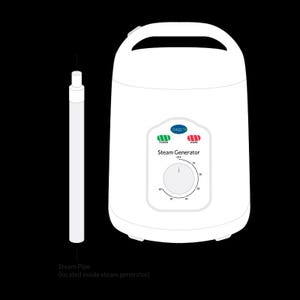 May include: White steam generator with a dial, power and work buttons. The dial has numbers from 0 to 100. The steam generator has a handle on the top and a steam pipe inside.