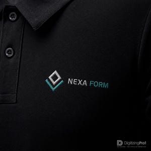 May include: A black polo shirt featuring a textured fabric, a collar with two buttons, and an embroidered logo on the chest. The logo consists of a diamond shape in white and teal, followed by the text NEXA FORM in white and teal lettering.