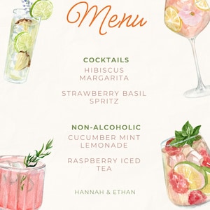 Modelo de menu de bar para casamento na primavera | Placa de coquetéis exclusivos para impressão | Menu de bebidas em aquarela | Placa de bar de recepção de casamento personalizada