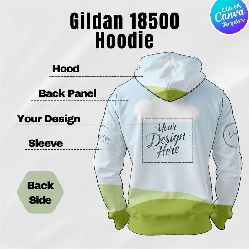 May include: Back view of a white Gildan 18500 Hoodie with a customizable design area. The hoodie features a hood, back panel, and sleeves. The text "Your Design Here" is displayed on the back, with the words "Hoodie", "Hood", "Back Panel", "Your Design", and "Sleeve" also visible.