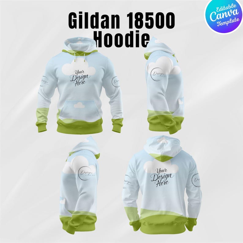 May include: A light blue Gildan 18500 hoodie with a cloud and landscape design. The hoodie features a front pocket, hood, and long sleeves. The text "Your Design Here" is printed on the front and back. The sleeves and bottom hem are green.