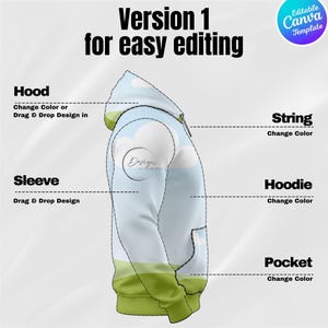 May include: A side view of a hoodie with a sky and cloud design. The hoodie has a pocket, hood, and sleeve. The text "Version 1 for easy editing" is at the top. The text "Editable Canva Template" is in the upper right corner.