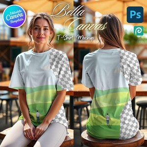 Maquette de t-shirt en toile modifiable Bella Canvas 3001, modèle féminin vues de face et de dos au bar de la plage, PSD inclus avec SmartObjects et instructions