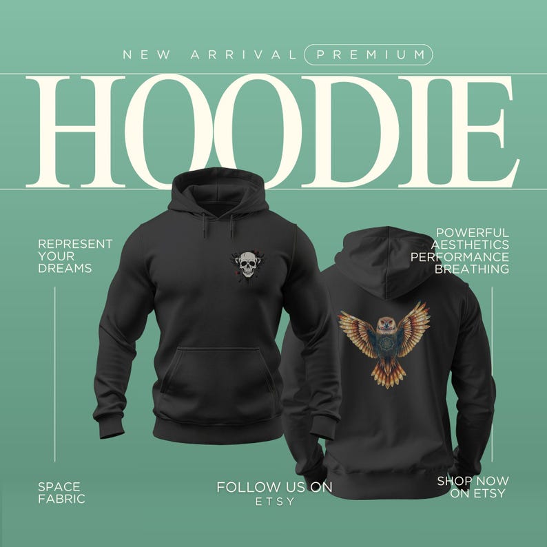 May include: Black hoodie with a skull and rose design on the front and an owl graphic on the back. The hoodie has a front pocket and a hood. The words "HOODIE", "NEW ARRIVAL PREMIUM", and "REPRESENT YOUR DREAMS" are visible.
