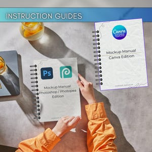 May include: Two spiral-bound mockup manuals, one for Photoshop/Photopea and another for Canva, are displayed on a gray surface. The Photoshop manual features the "Ps" logo, while the Canva manual has the Canva logo. The text "INSTRUCTION GUIDES" is at the top.