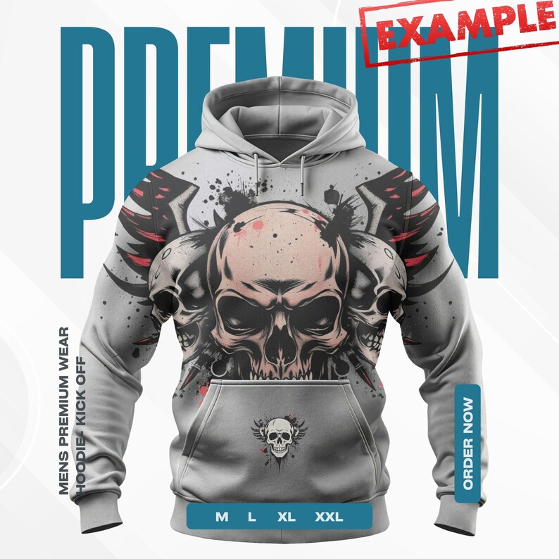 May include: A light gray hoodie featuring a skull graphic with red and black accents. The hoodie has a front pocket and a drawstring hood. The text "PREMIUM" and "EXAMPLE" are visible. Sizes M, L, XL, and XXL are available.