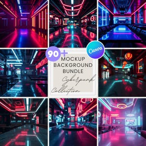 以下が含まれることがあります： サイバーパンクをテーマにしたモックアップ背景のコレクション。画像は、赤、青、紫の色合いのネオンライトで照らされたインテリアを特徴としています。画像には「90+ Mockup Background Bundle Cyberpunk Collection」というテキストとCanvaのロゴが含まれています。