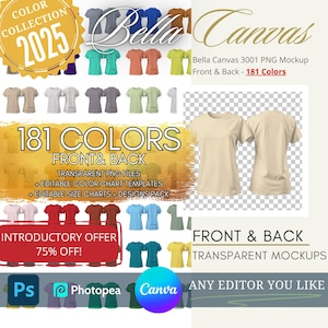 Bella Canvas 3001 181 archivos PNG transparentes + plantillas de carta de colores editables. Maqueta de camiseta de mujer, tabla personalizada, tabla de tallas.