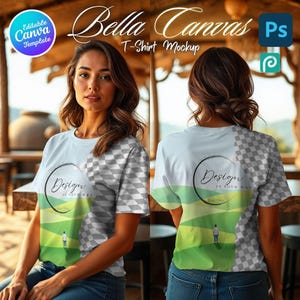 T-Shirt Mockup editable Canva Template, PSD smartobjects for better results, Bella Canvas 3001 Mockup Bundle, Bonus Sizing Chart and more