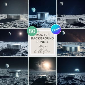 Peut inclure: Un ensemble de maquettes d'arrière-plan sur le thème de la lune. L'image présente plusieurs scènes avec des plateformes d'exposition métalliques sur une surface lunaire, avec des planètes et des étoiles en arrière-plan. Le texte indique "80+ Mockup Background Bundle Moon Collection" et inclut le logo Canva.