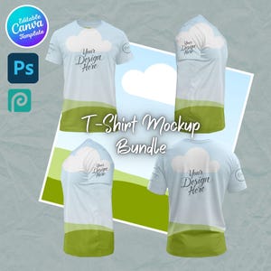 Könnte beinhalten: Ein T-Shirt-Mockup-Bundle mit vier Ansichten eines hellblauen T-Shirts mit Wolkenmuster und dem Text "Your Design Here". Das Bild enthält den Text "T-Shirt Mockup Bundle" und Symbole für Canva, Photoshop und eine Designplattform.