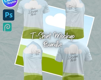 Könnte beinhalten: Ein T-Shirt-Mockup-Bundle mit vier Ansichten eines hellblauen T-Shirts mit Wolkenmuster und dem Text "Your Design Here". Das Bild enthält den Text "T-Shirt Mockup Bundle" und Symbole für Canva, Photoshop und eine Designplattform.