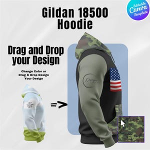 May include: A black Gildan 18500 hoodie with a camouflage-patterned hood and pocket. The right sleeve is olive green with a design logo, and the left sleeve features the American flag. The text "Drag and Drop your Design" is displayed.
