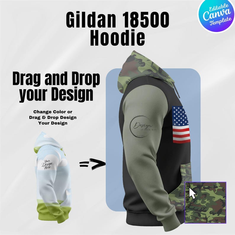 May include: A black Gildan 18500 hoodie with a camouflage-patterned hood and pocket. The right sleeve is olive green with a design logo, and the left sleeve features the American flag. The text "Drag and Drop your Design" is displayed.