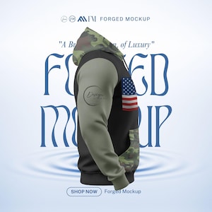 May include: Black hoodie with olive green sleeves and a camouflage hood and pocket. Features an American flag patch and the text "Forged Mockup". The design includes the text "A Brand of Luxury".